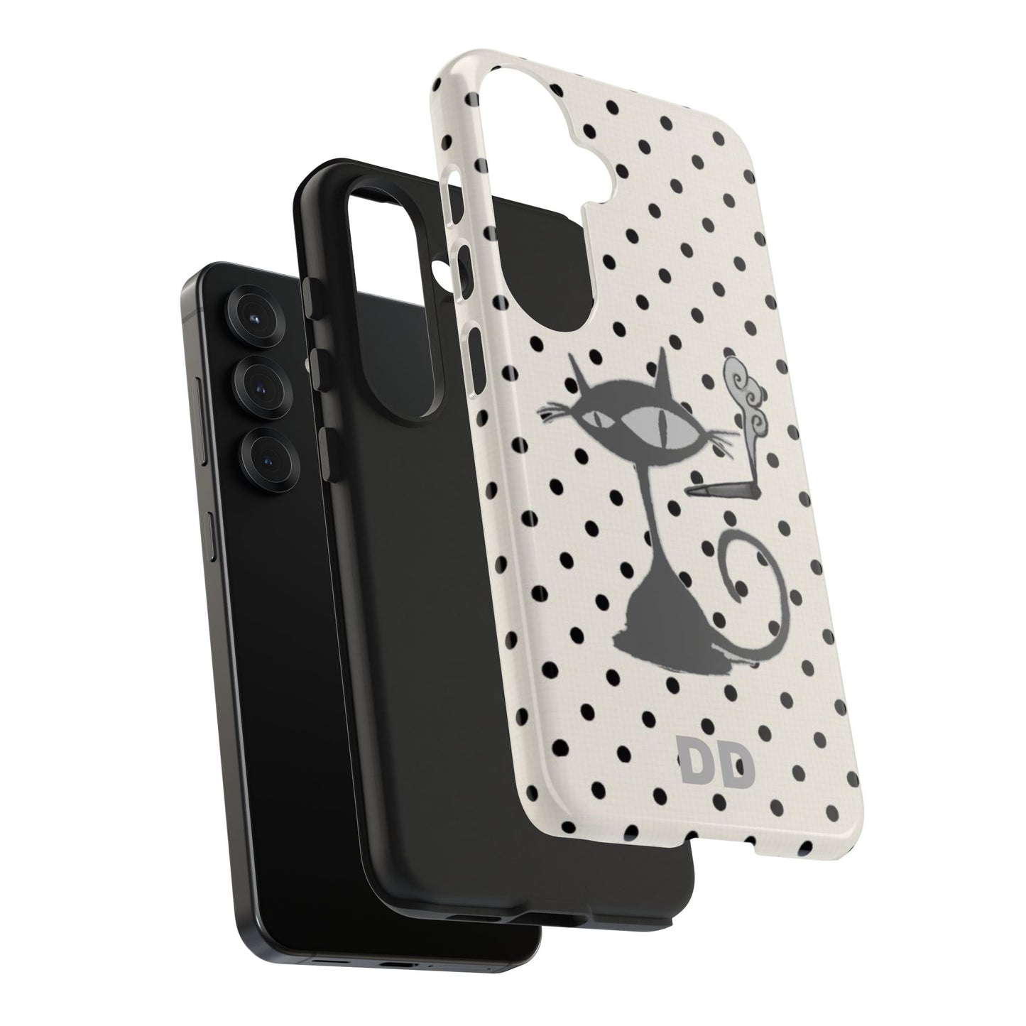 Le Cat Phone Case in Cream & Black Polka