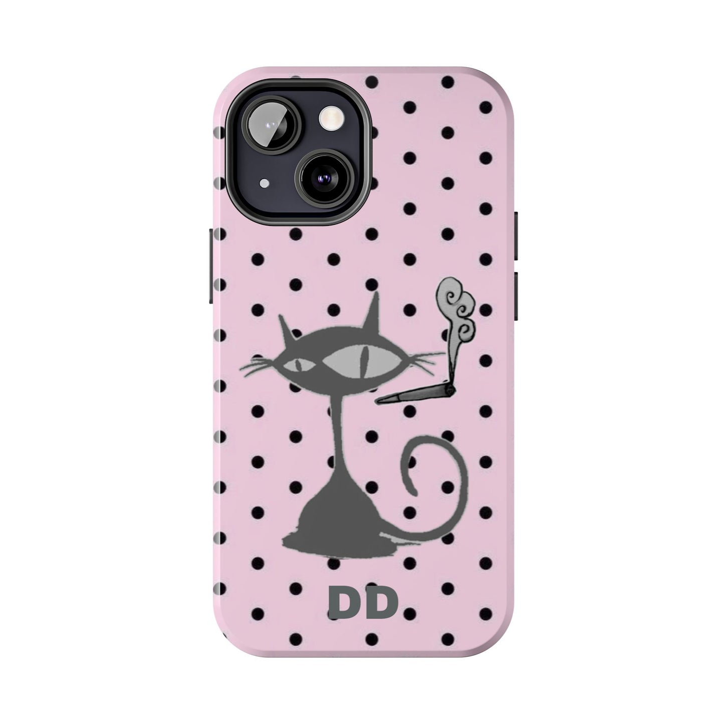 Le Cat Phone Case in Pink & Black Polka Dots