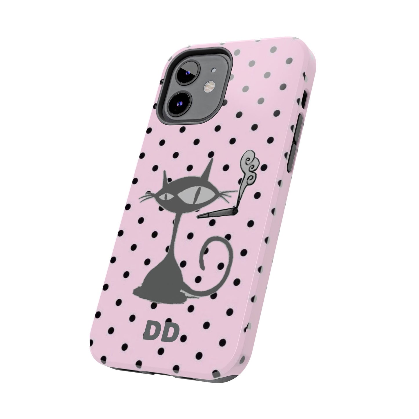 Le Cat Phone Case in Pink & Black Polka Dots