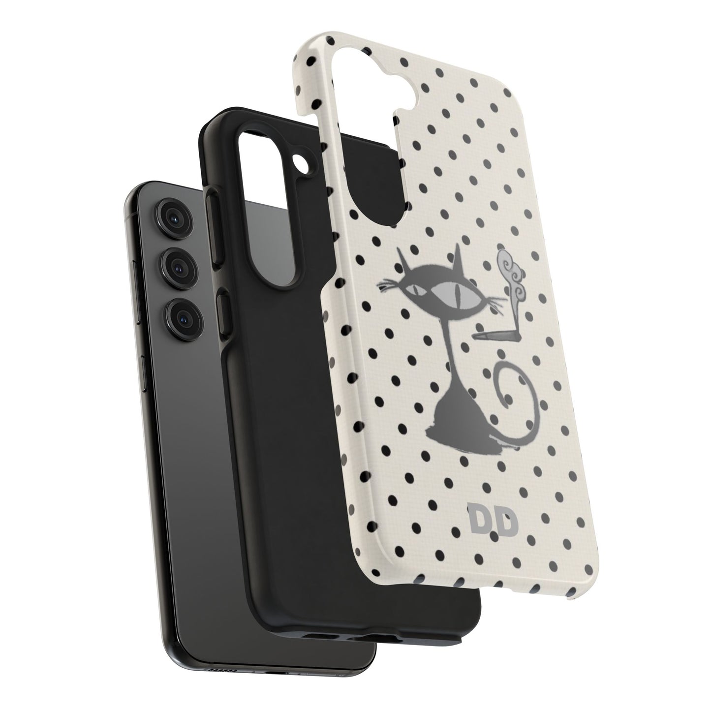 Le Cat Phone Case in Cream & Black Polka