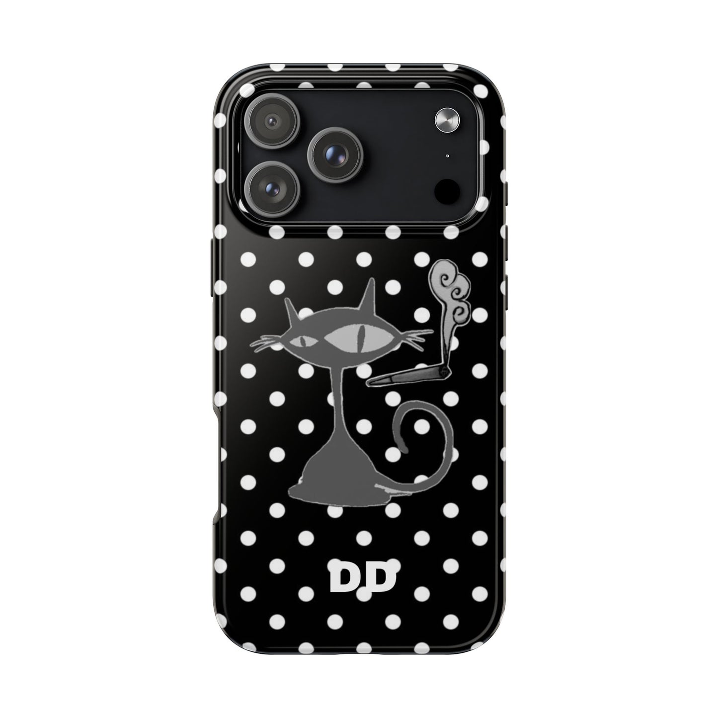 Le Cat Phone Case in Black & White Polka Dots