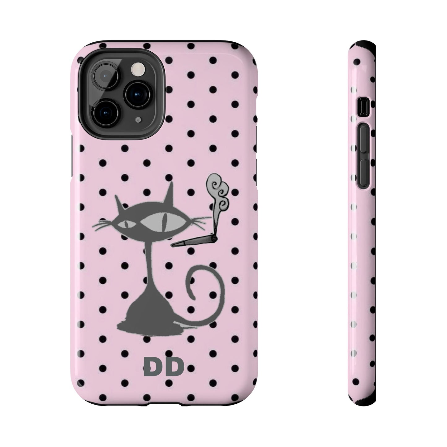 Le Cat Phone Case in Pink & Black Polka Dots