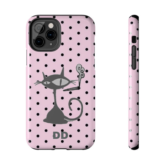 Le Cat Phone Case in Pink & Black Polka Dots
