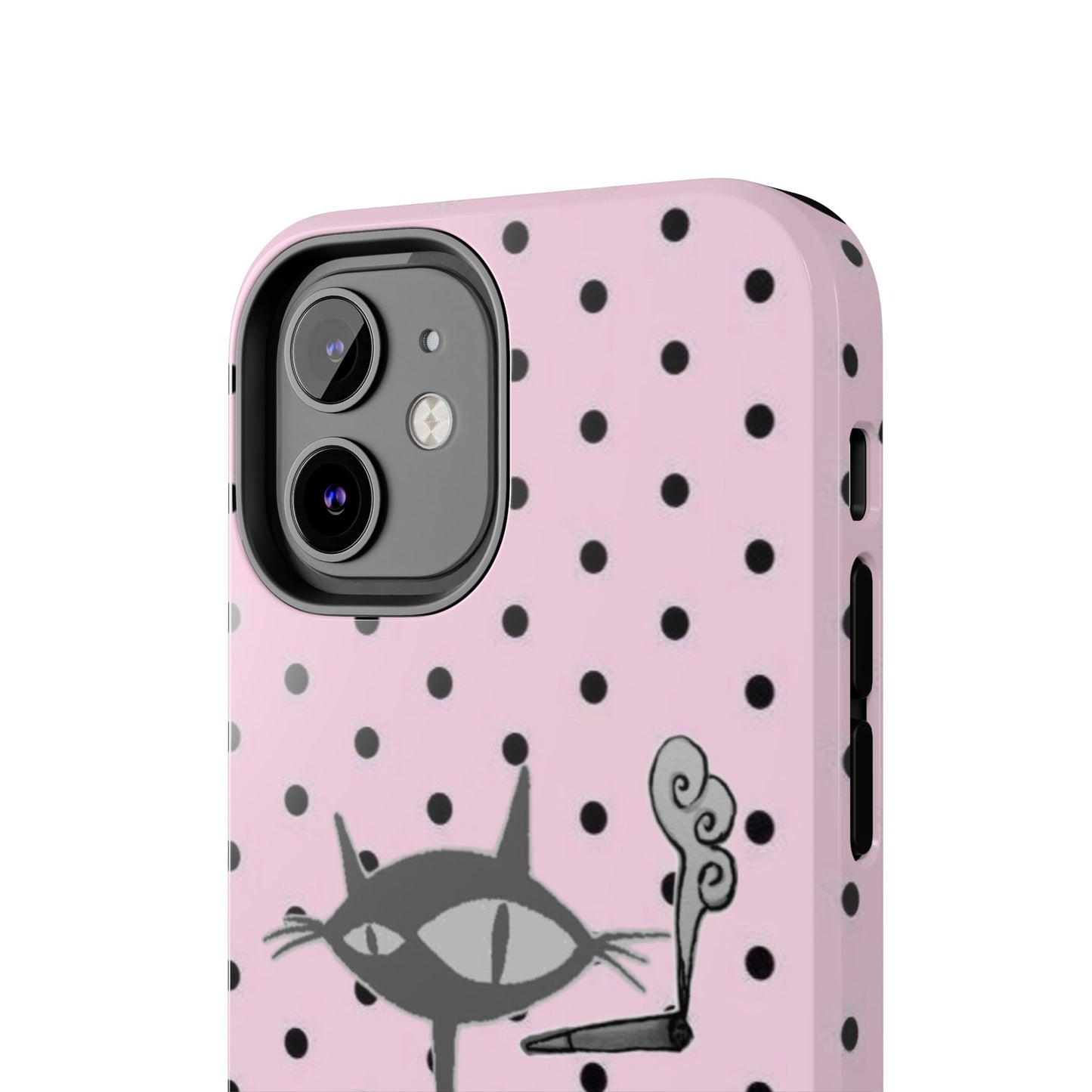 Le Cat Phone Case in Pink & Black Polka Dots