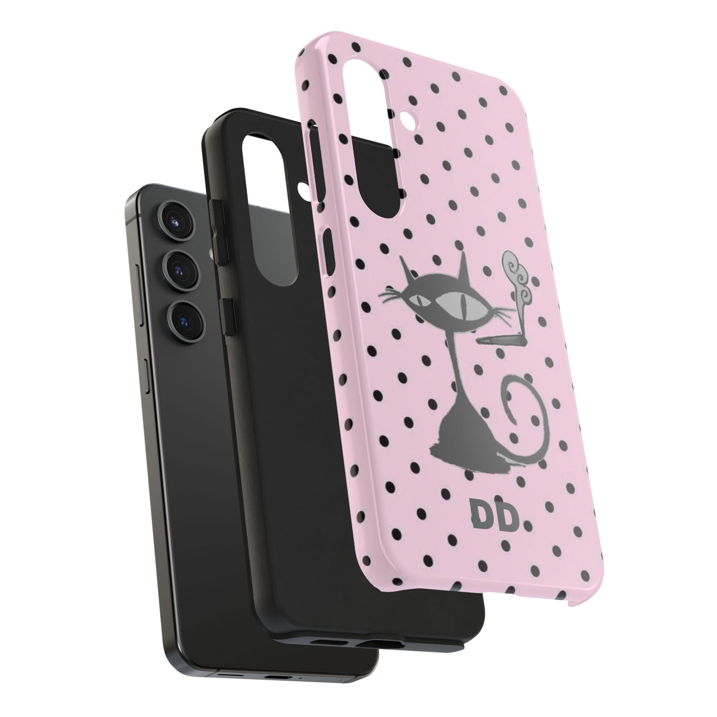 Le Cat Phone Case in Pink & Black Polka Dots
