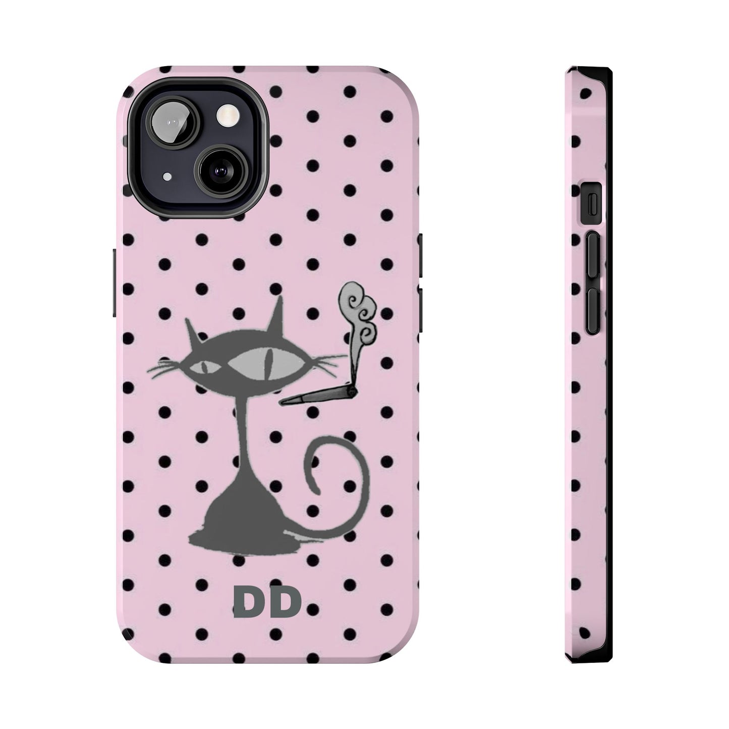 Le Cat Phone Case in Pink & Black Polka Dots