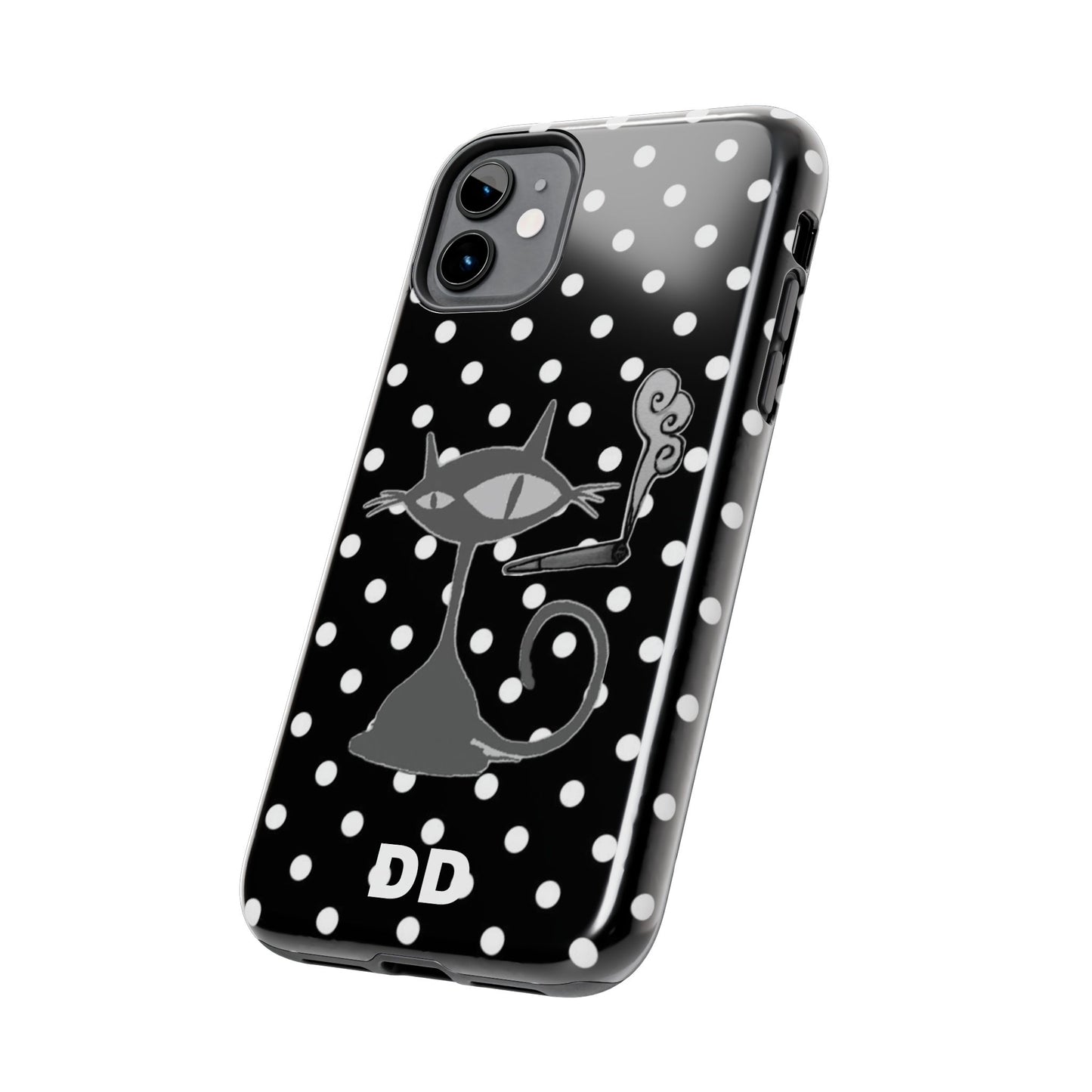 Le Cat Phone Case in Black & White Polka Dots