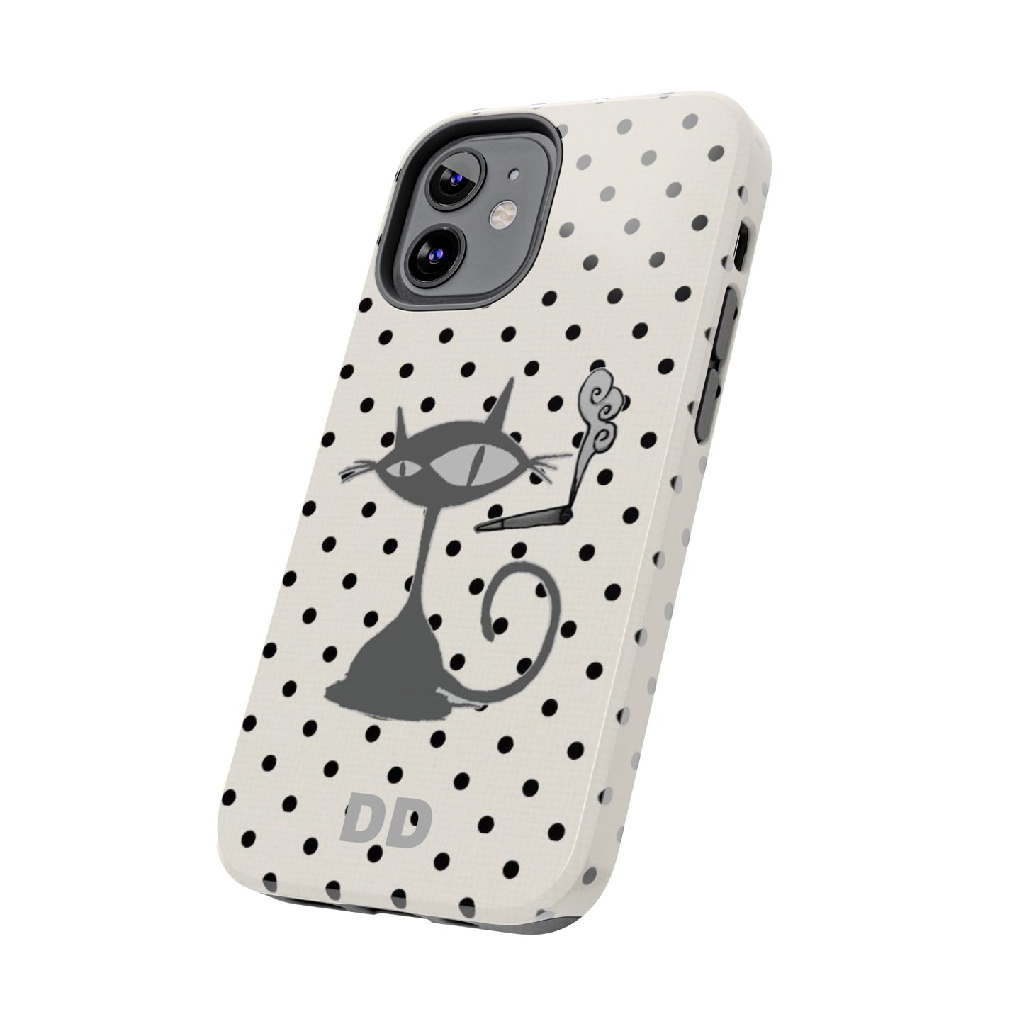 Le Cat Phone Case in Cream & Black Polka