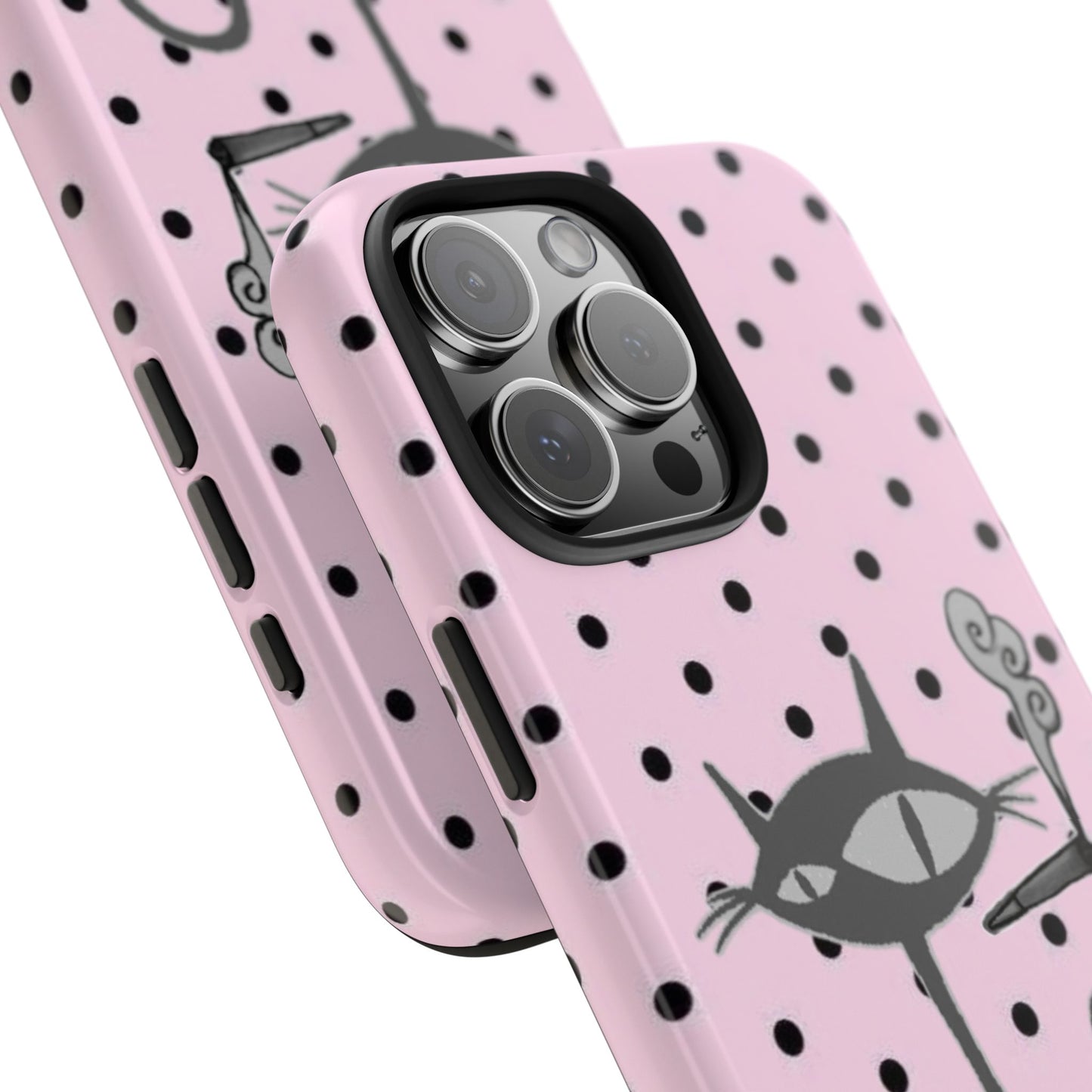 Le Cat Phone Case in Pink & Black Polka Dots