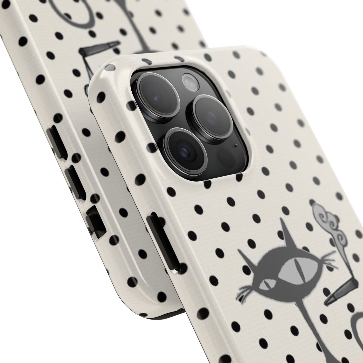 Le Cat Phone Case in Cream & Black Polka