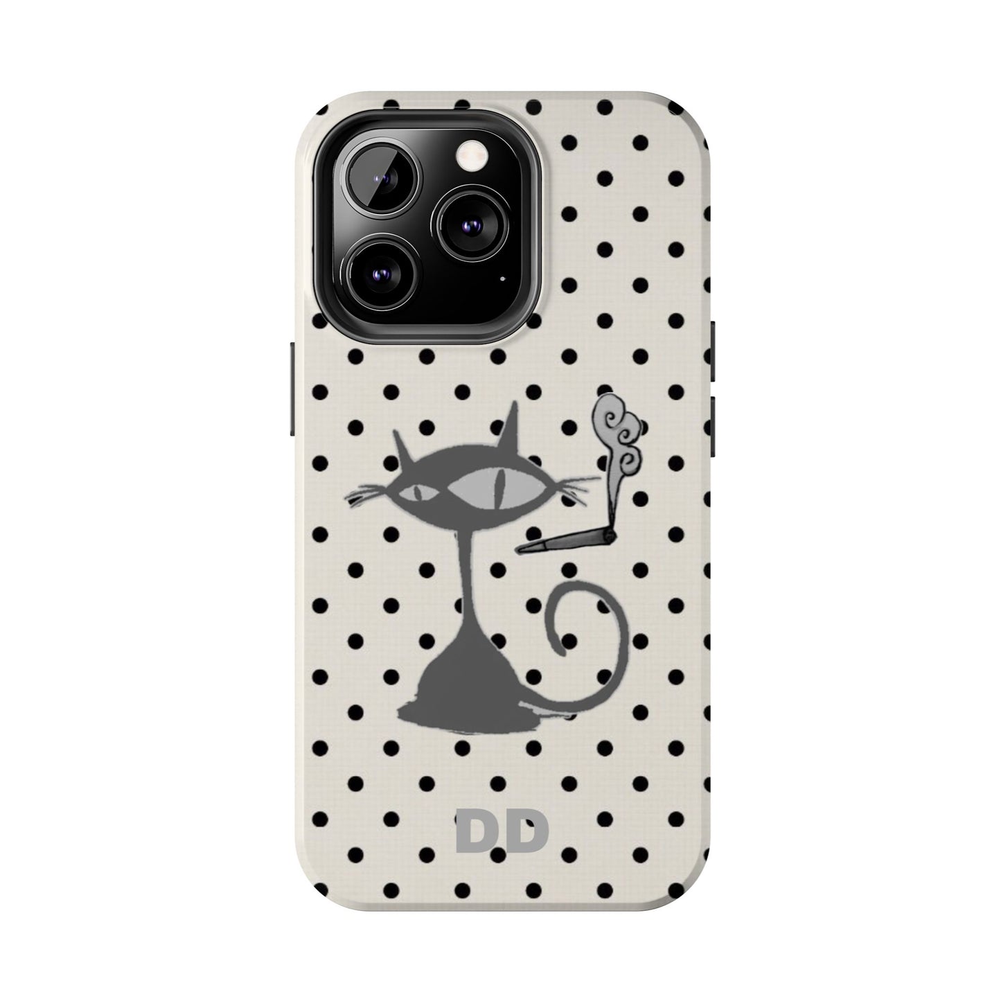 Le Cat Phone Case in Cream & Black Polka