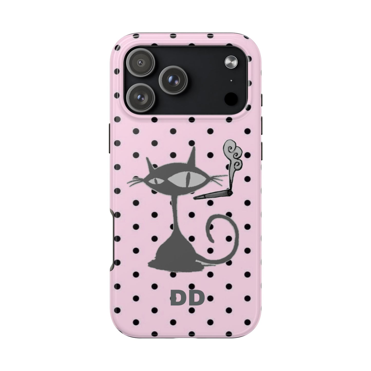 Le Cat Phone Case in Pink & Black Polka Dots