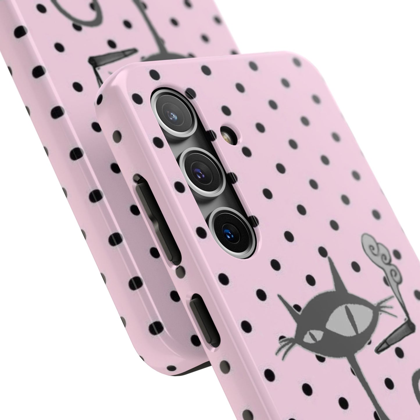 Le Cat Phone Case in Pink & Black Polka Dots