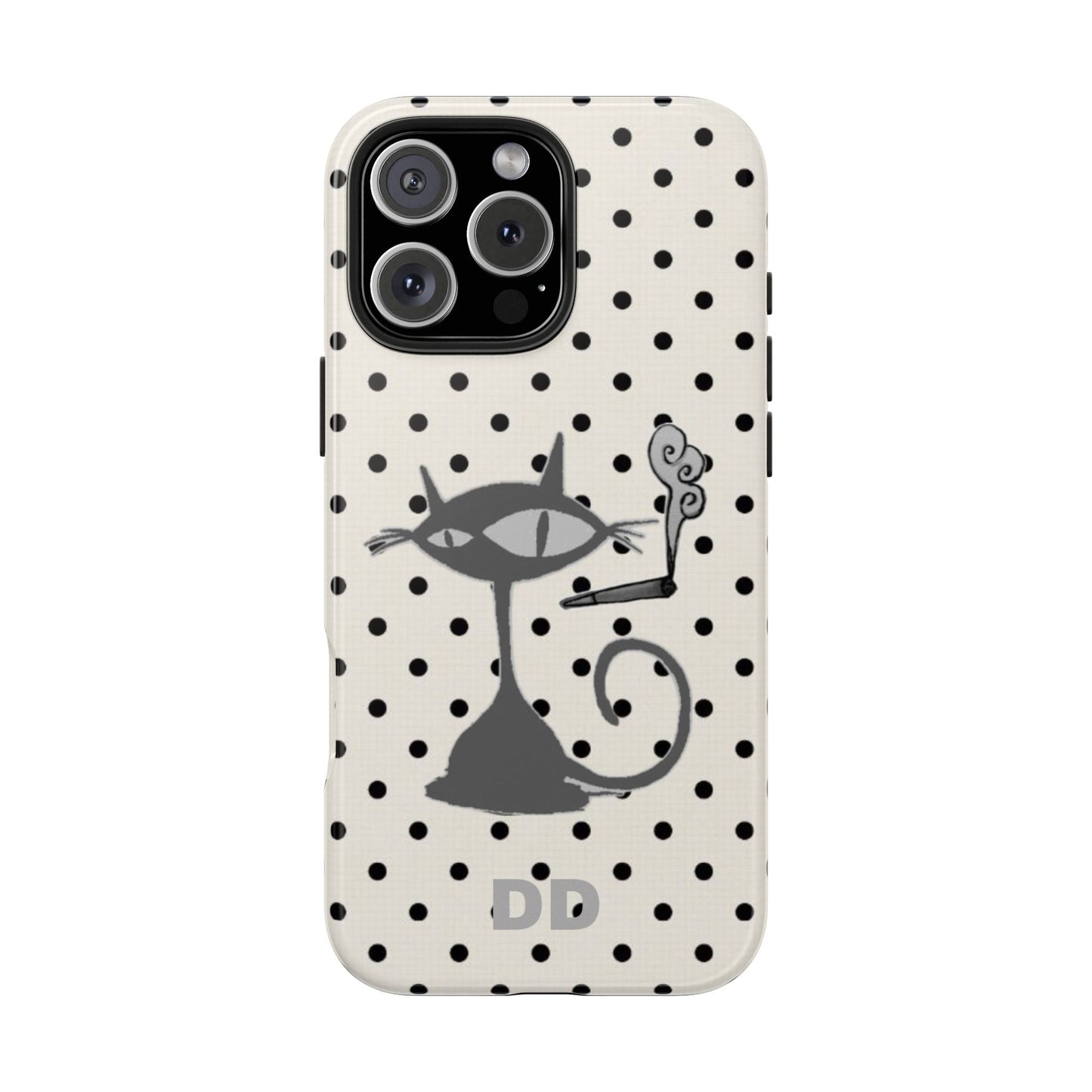 Le Cat Phone Case in Cream & Black Polka