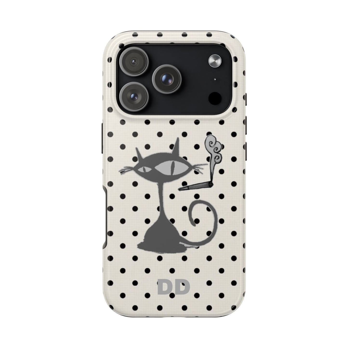Le Cat Phone Case in Cream & Black Polka