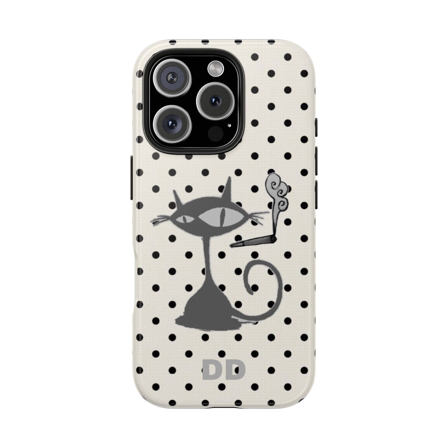 Le Cat Phone Case in Cream & Black Polka