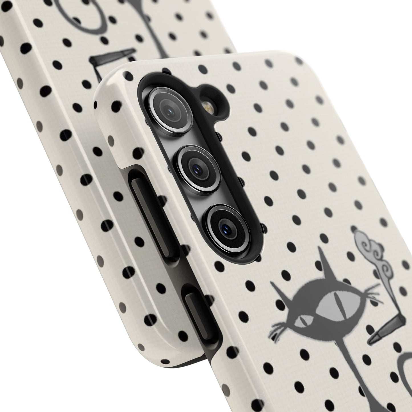 Le Cat Phone Case in Cream & Black Polka