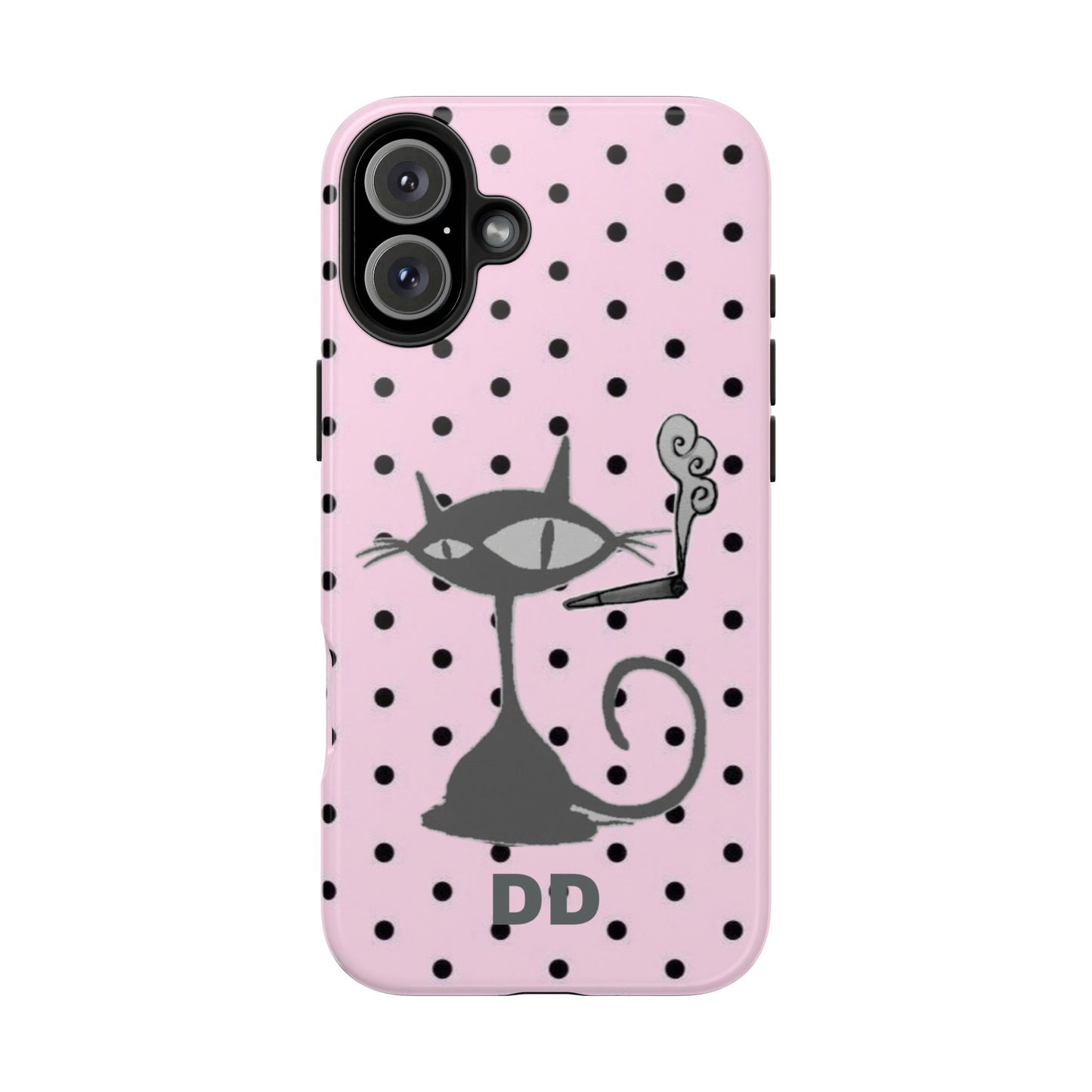 Le Cat Phone Case in Pink & Black Polka Dots