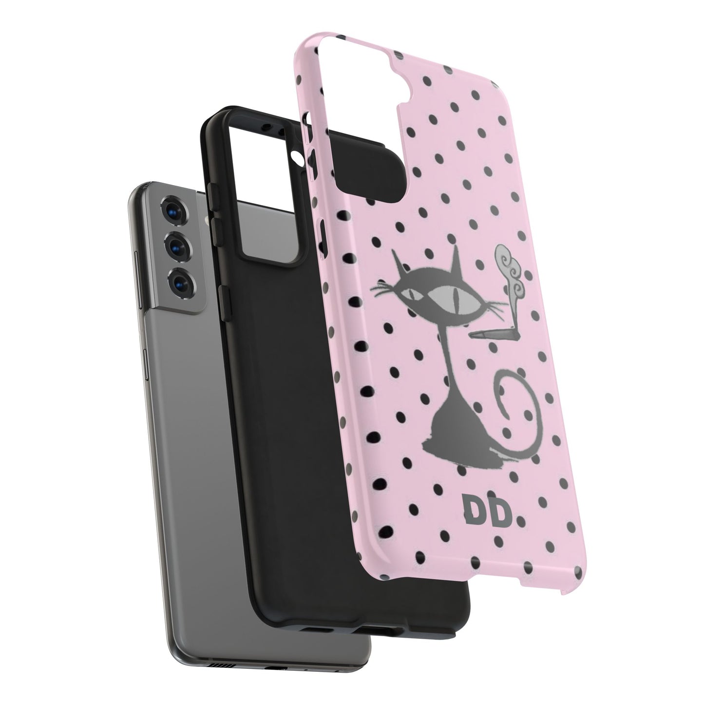 Le Cat Phone Case in Pink & Black Polka Dots
