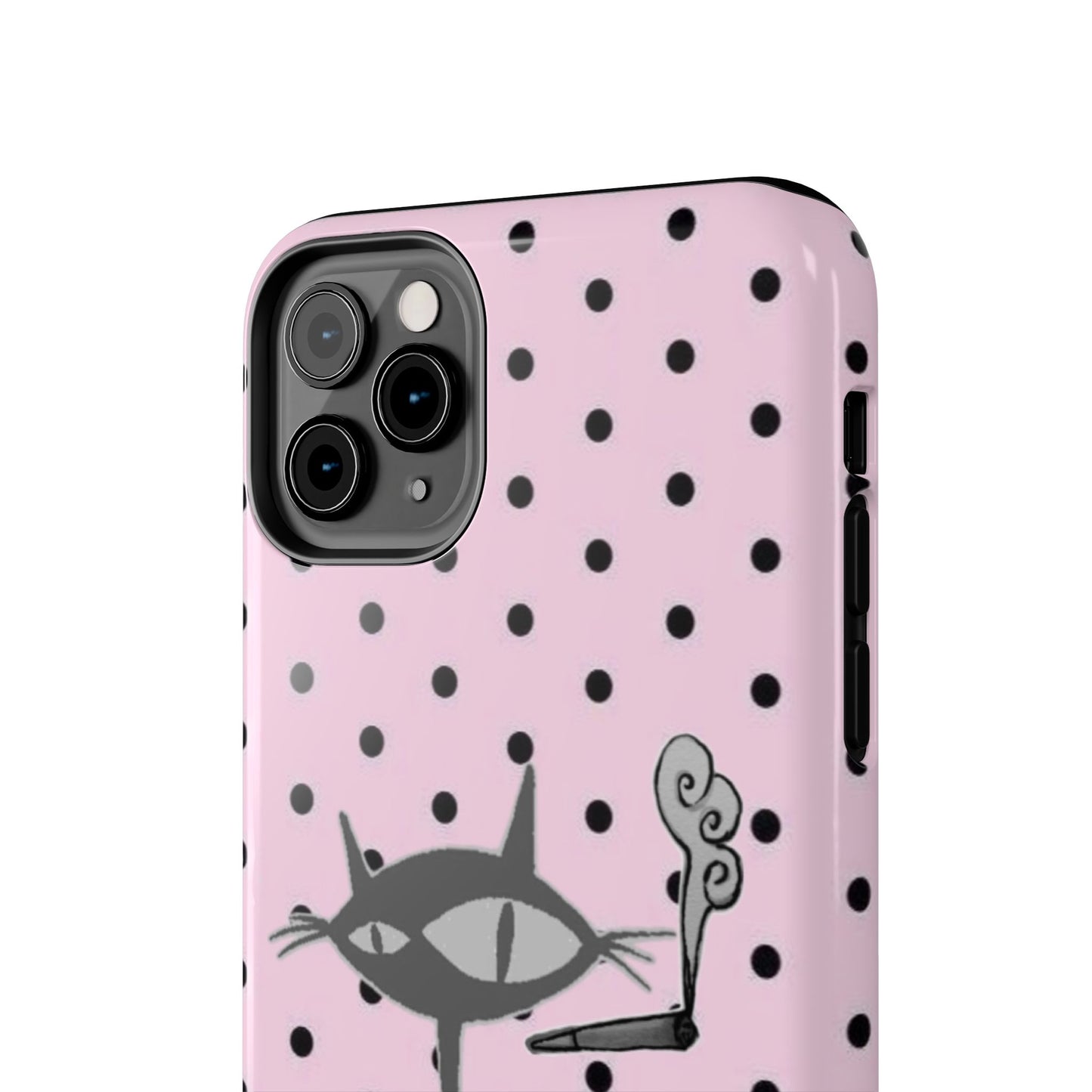 Le Cat Phone Case in Pink & Black Polka Dots