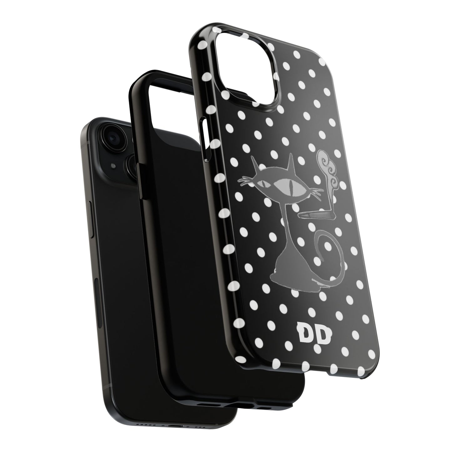 Le Cat Phone Case in Black & White Polka Dots