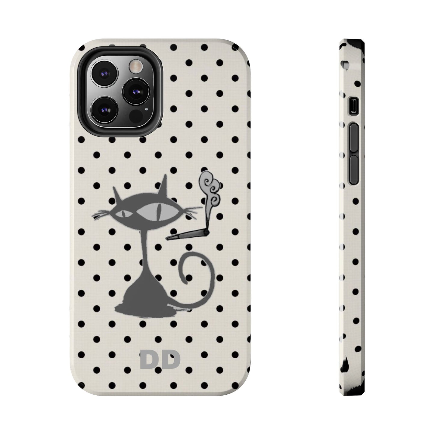 Le Cat Phone Case in Cream & Black Polka