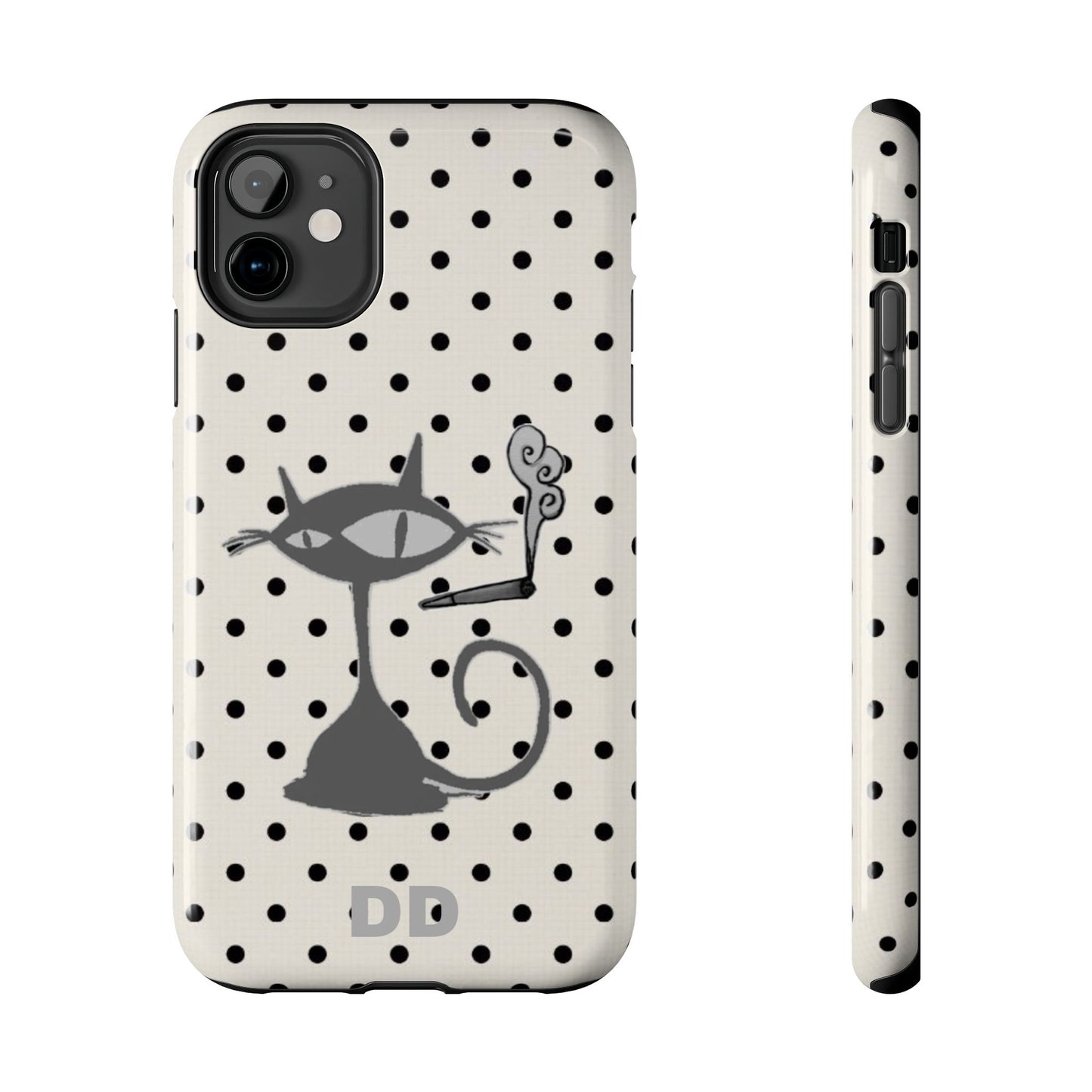 Le Cat Phone Case in Cream & Black Polka