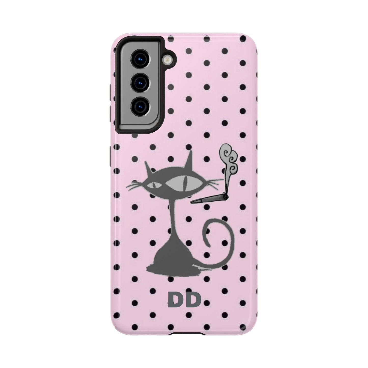 Le Cat Phone Case in Pink & Black Polka Dots