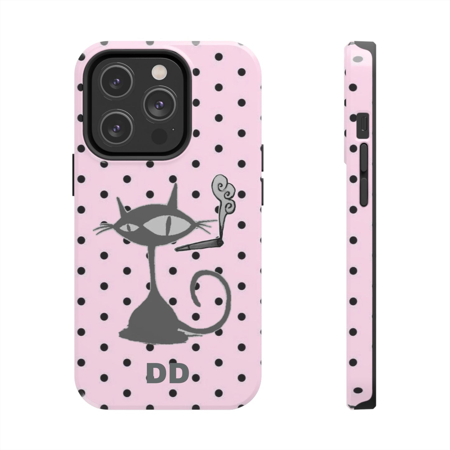 Le Cat Phone Case in Pink & Black Polka Dots