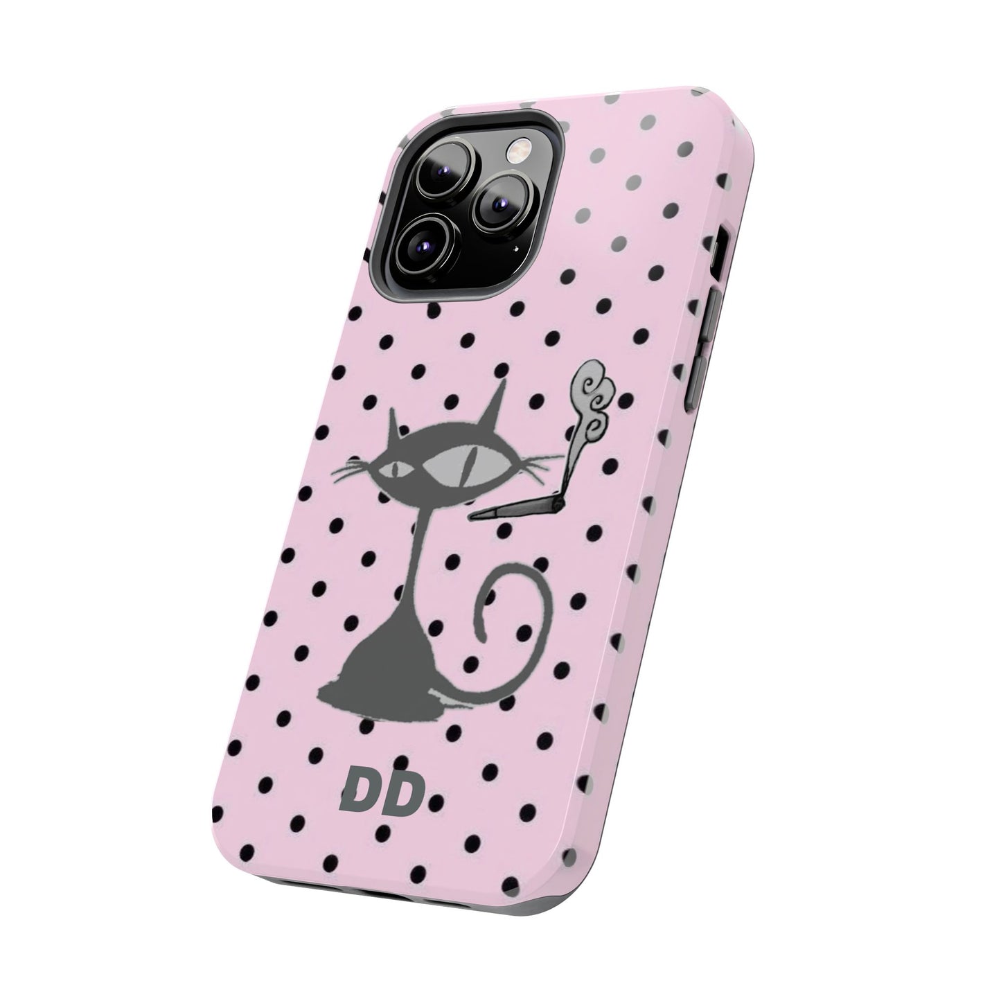 Le Cat Phone Case in Pink & Black Polka Dots
