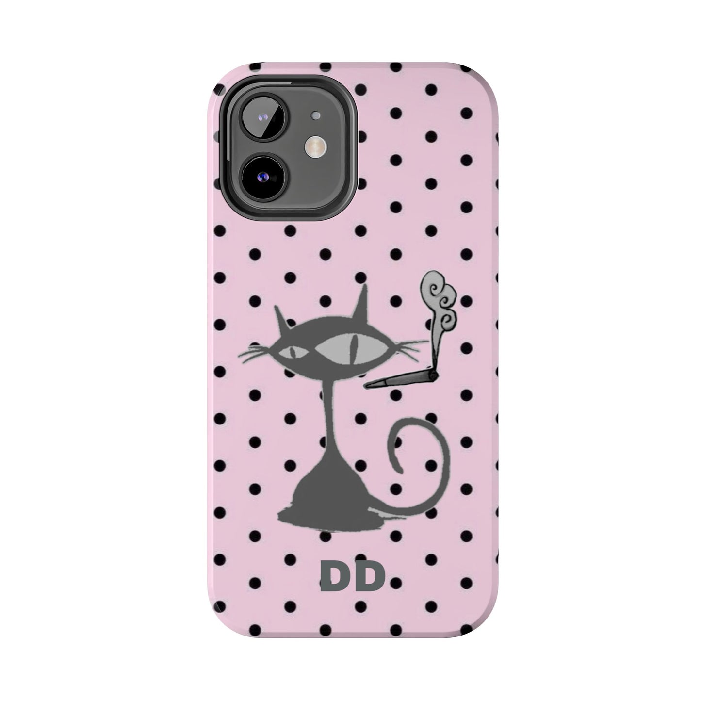 Le Cat Phone Case in Pink & Black Polka Dots