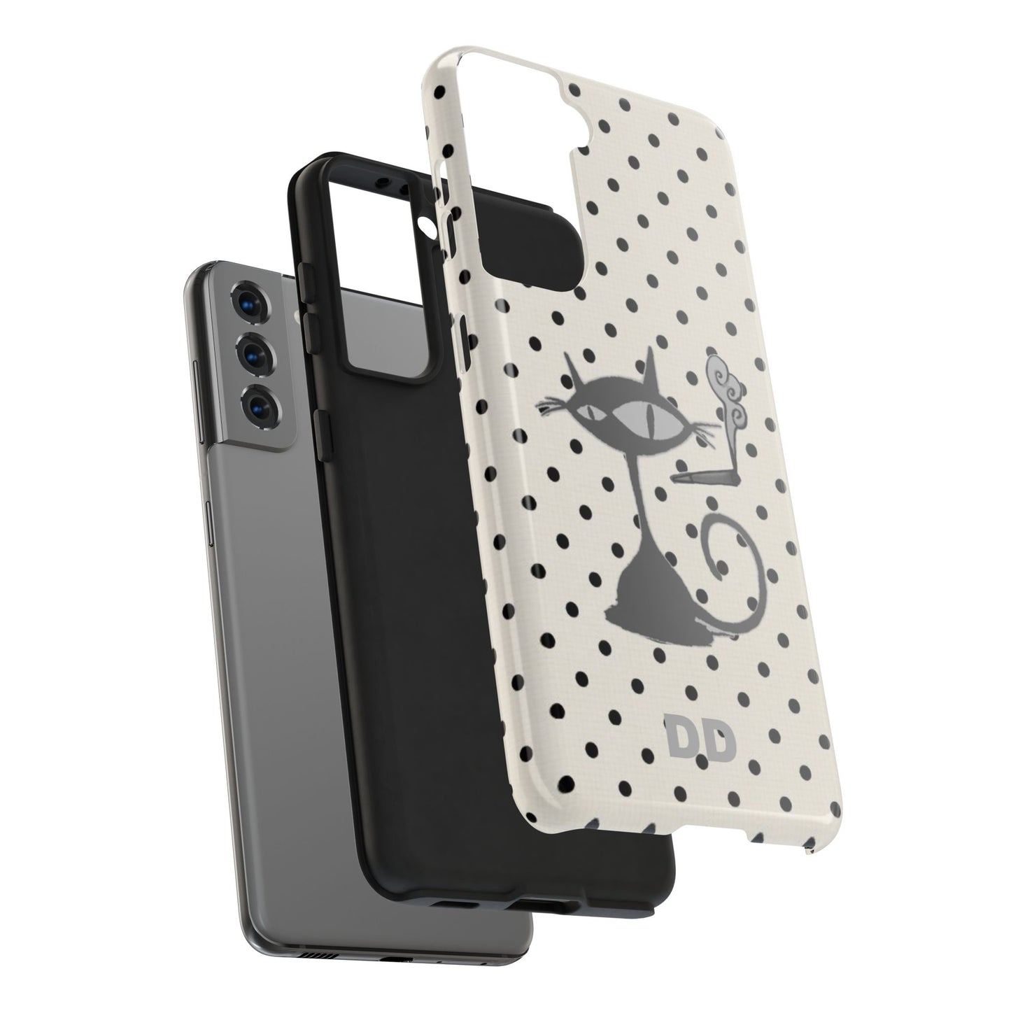 Le Cat Phone Case in Cream & Black Polka