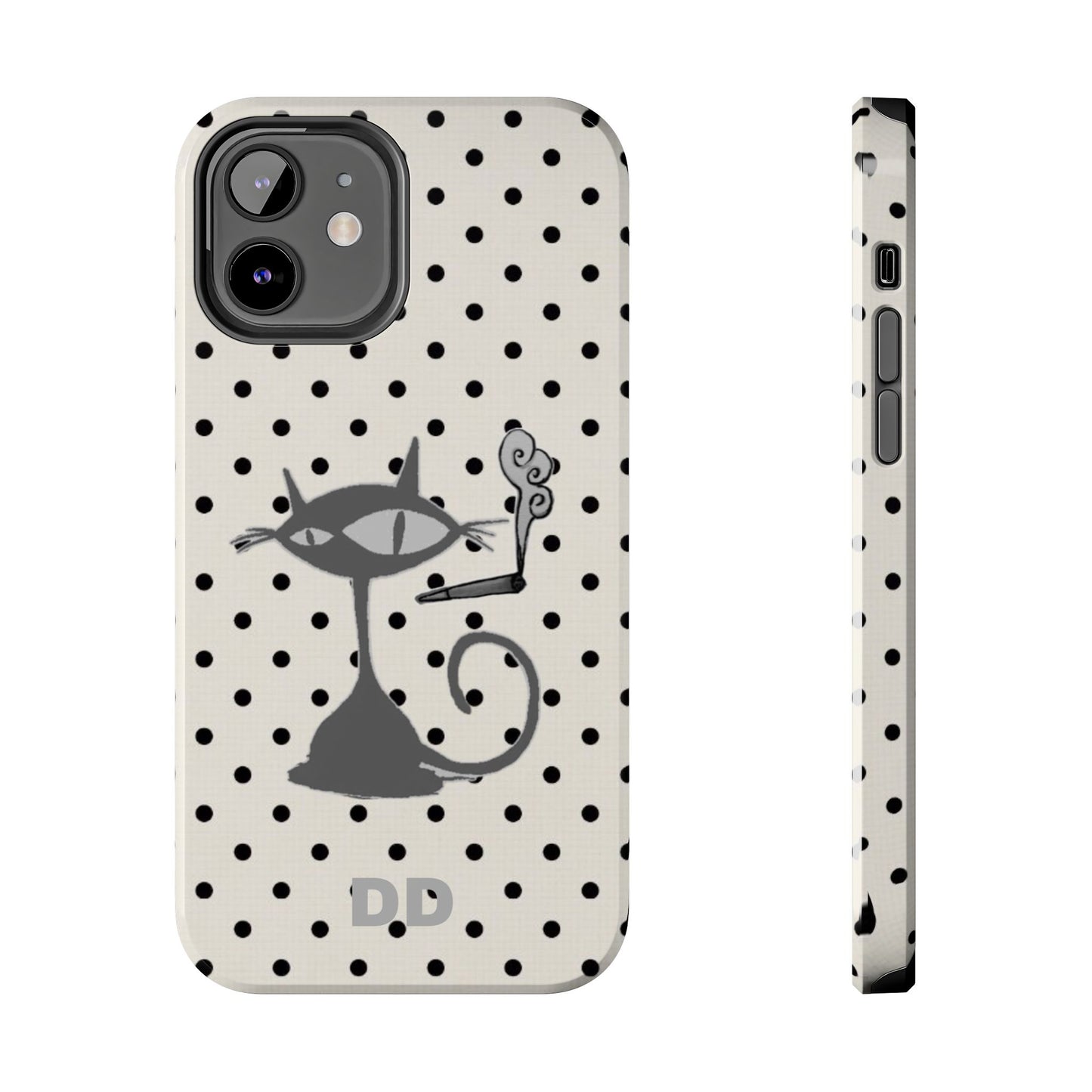 Le Cat Phone Case in Cream & Black Polka