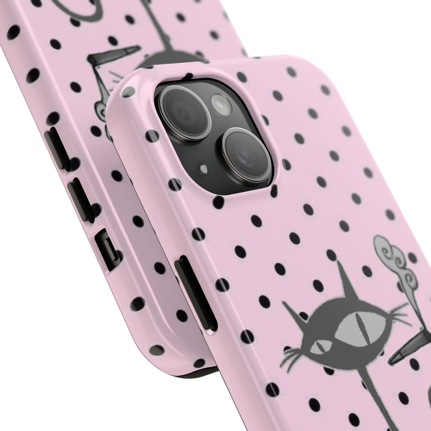 Le Cat Phone Case in Pink & Black Polka Dots