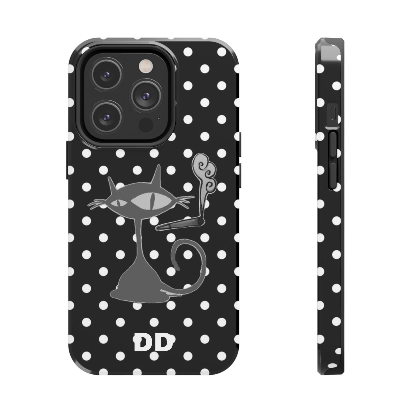 Le Cat Phone Case in Black & White Polka Dots