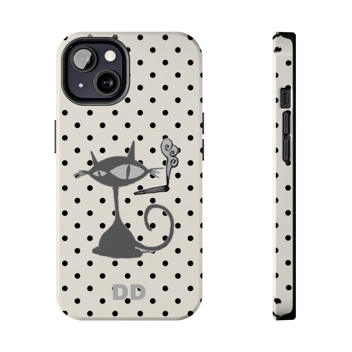 Le Cat Phone Case in Cream & Black Polka