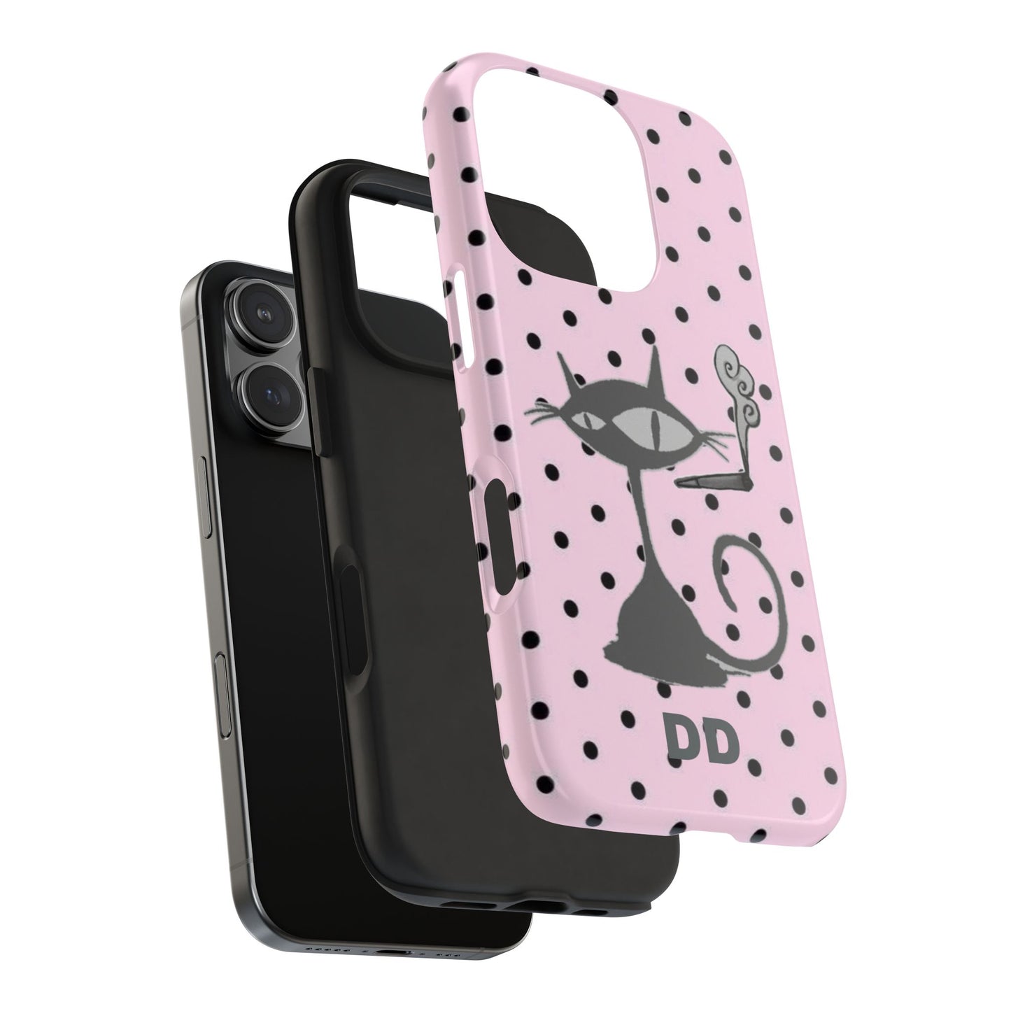 Le Cat Phone Case in Pink & Black Polka Dots