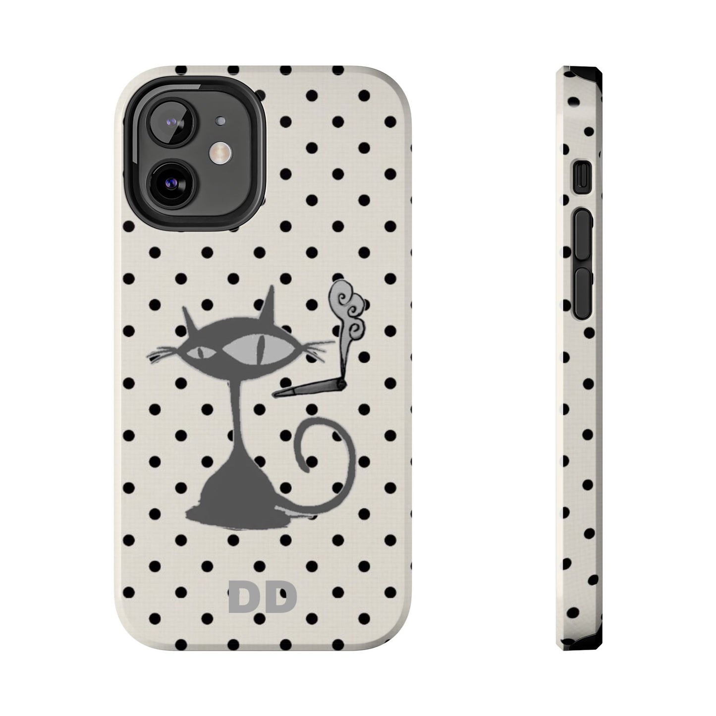 Le Cat Phone Case in Cream & Black Polka