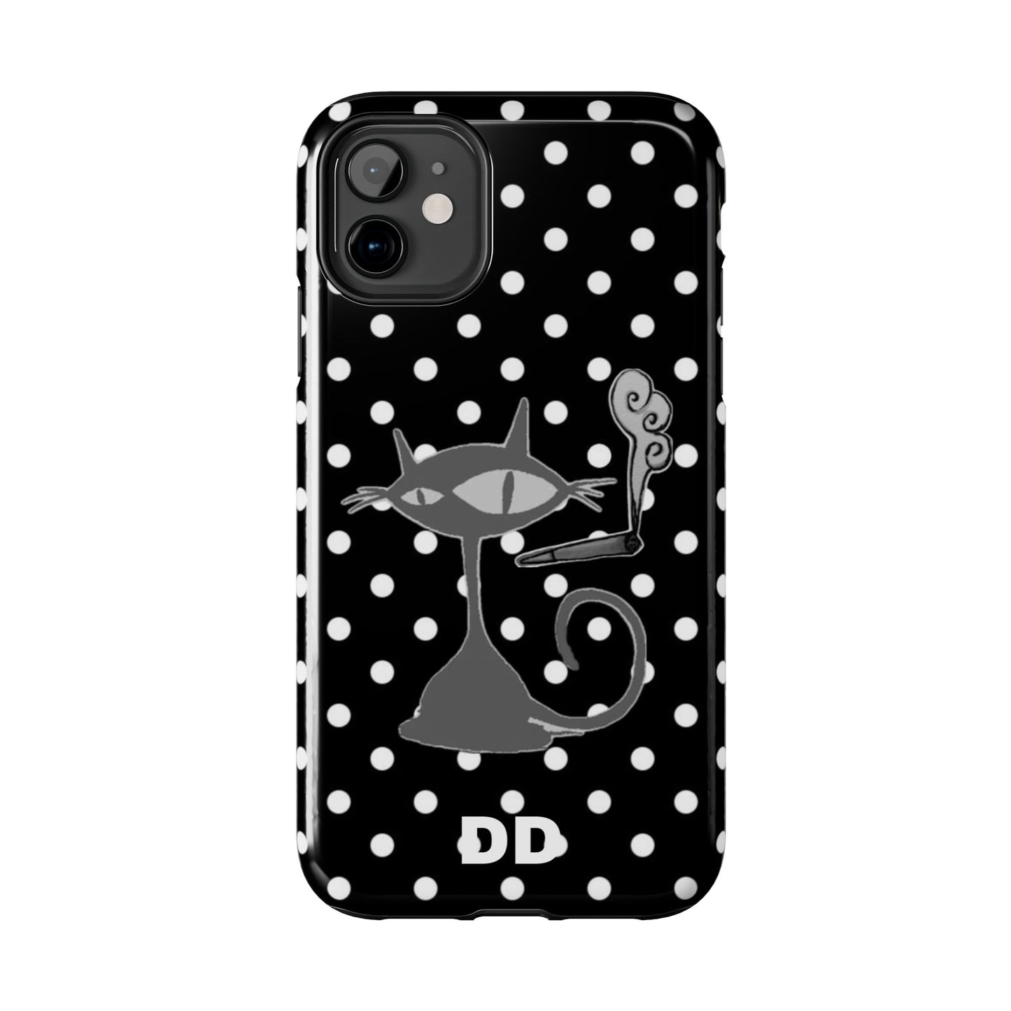 Le Cat Phone Case in Black & White Polka Dots