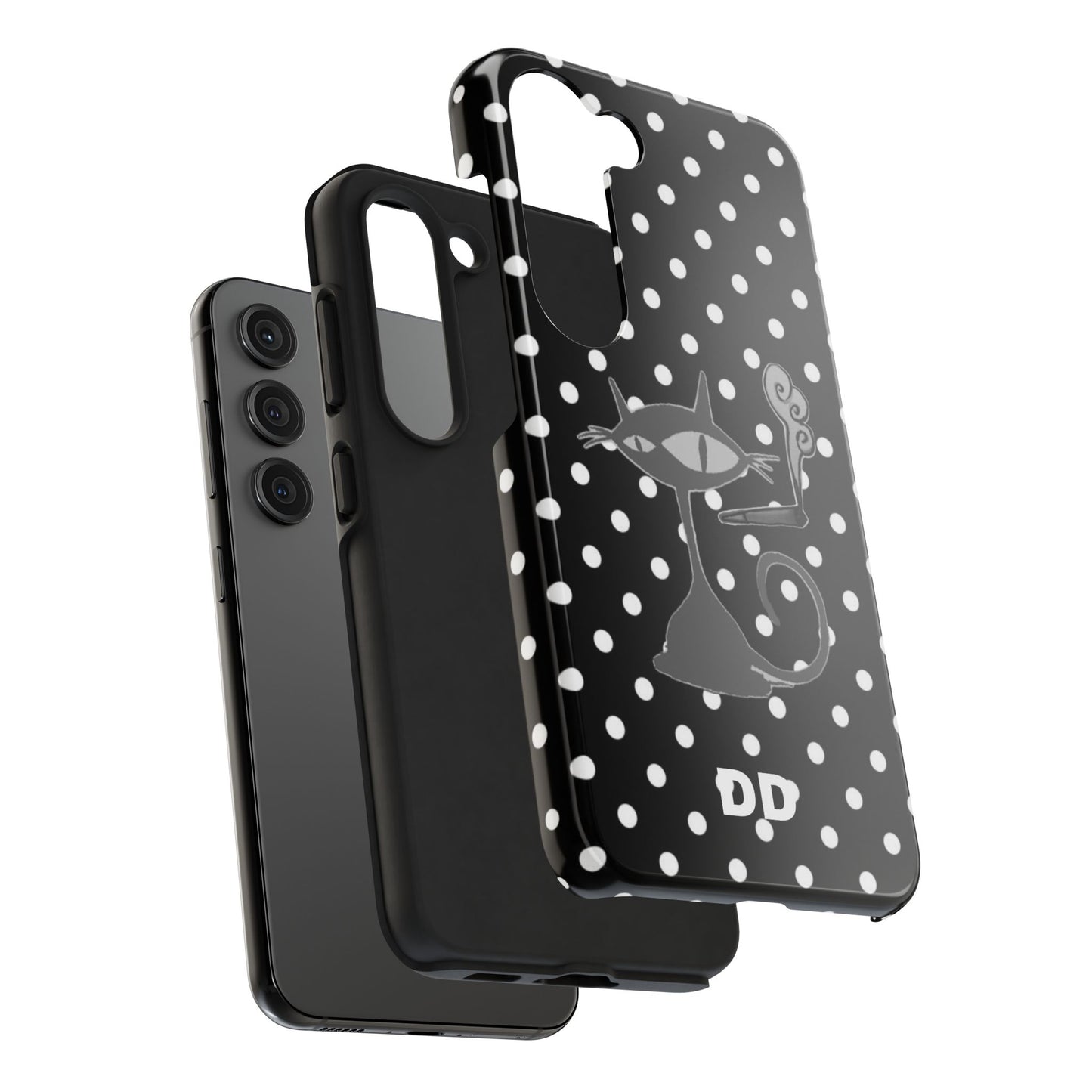 Le Cat Phone Case in Black & White Polka Dots