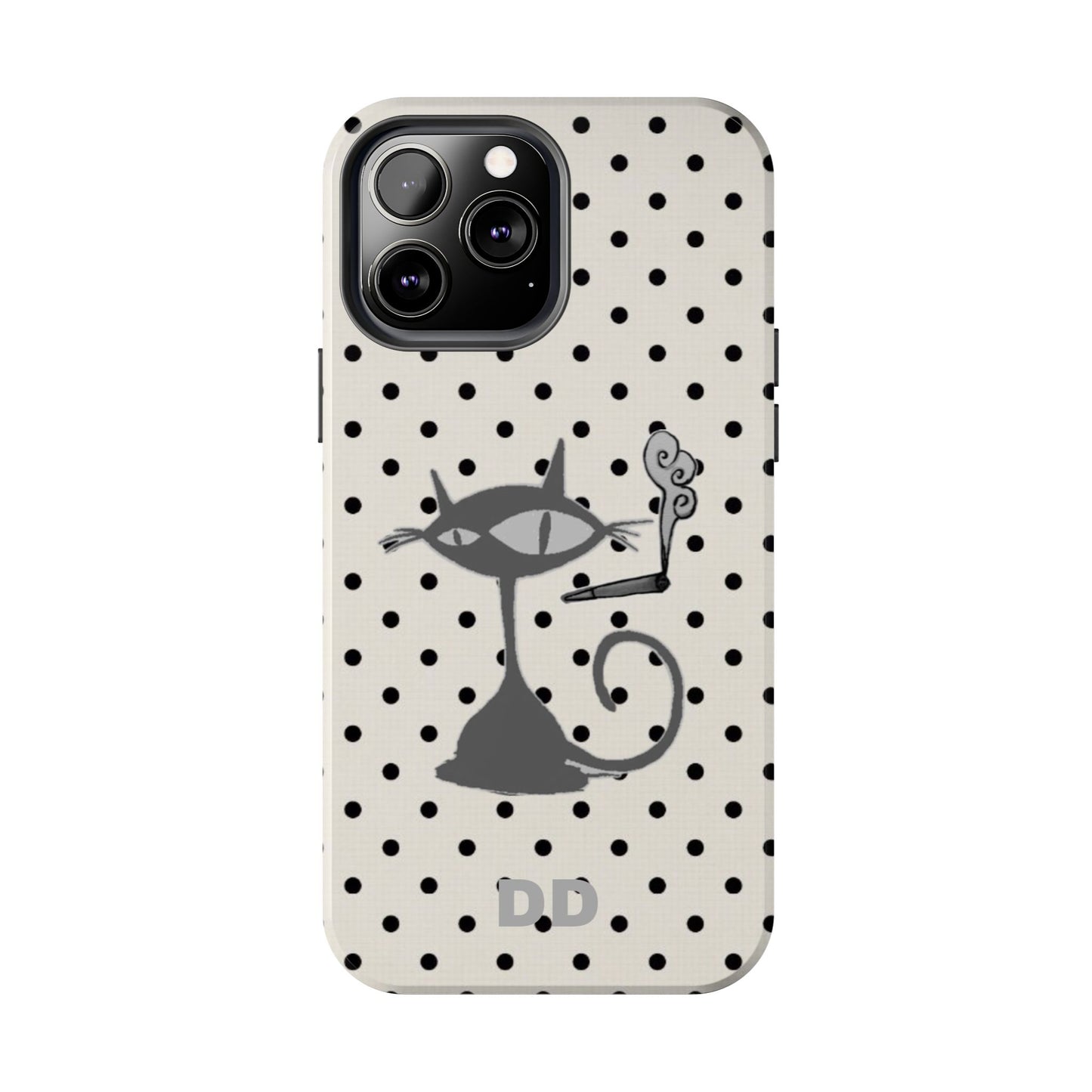 Le Cat Phone Case in Cream & Black Polka