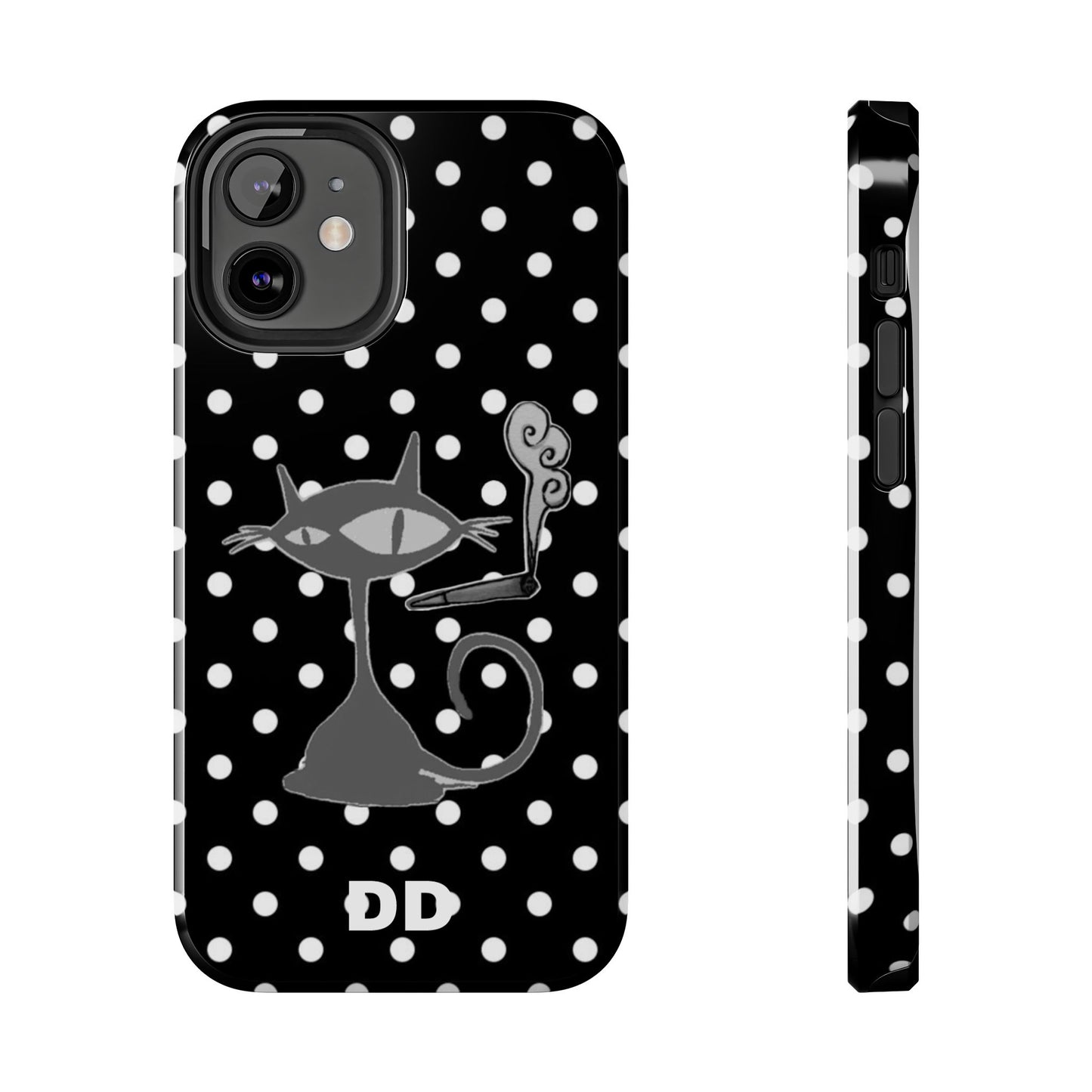 Le Cat Phone Case in Black & White Polka Dots
