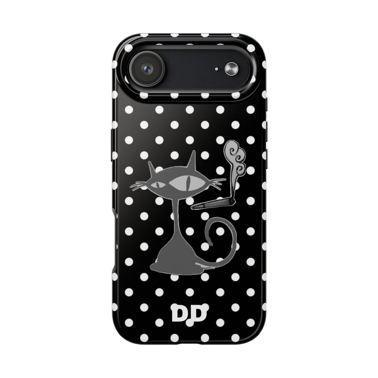 Le Cat Phone Case in Black & White Polka Dots