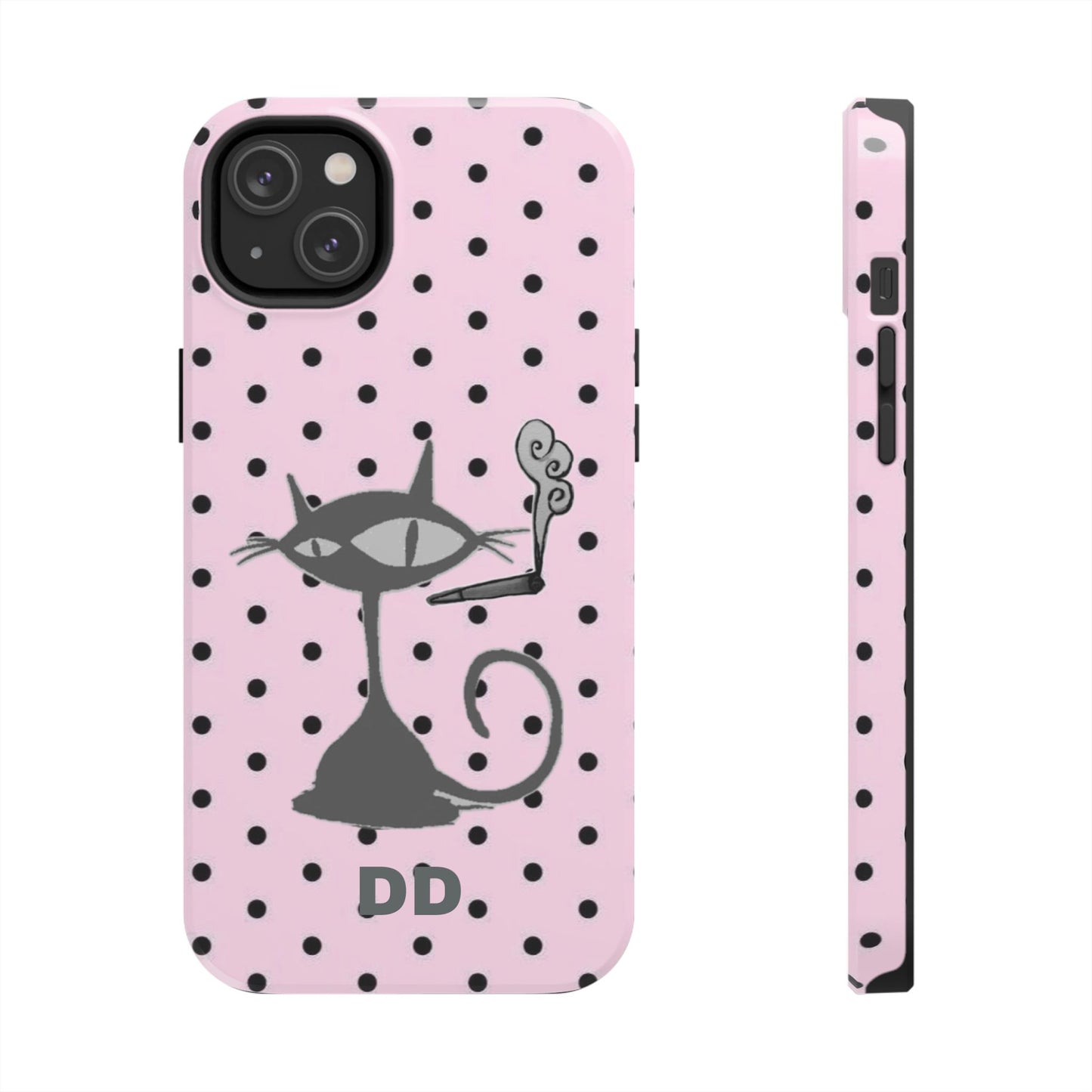 Le Cat Phone Case in Pink & Black Polka Dots
