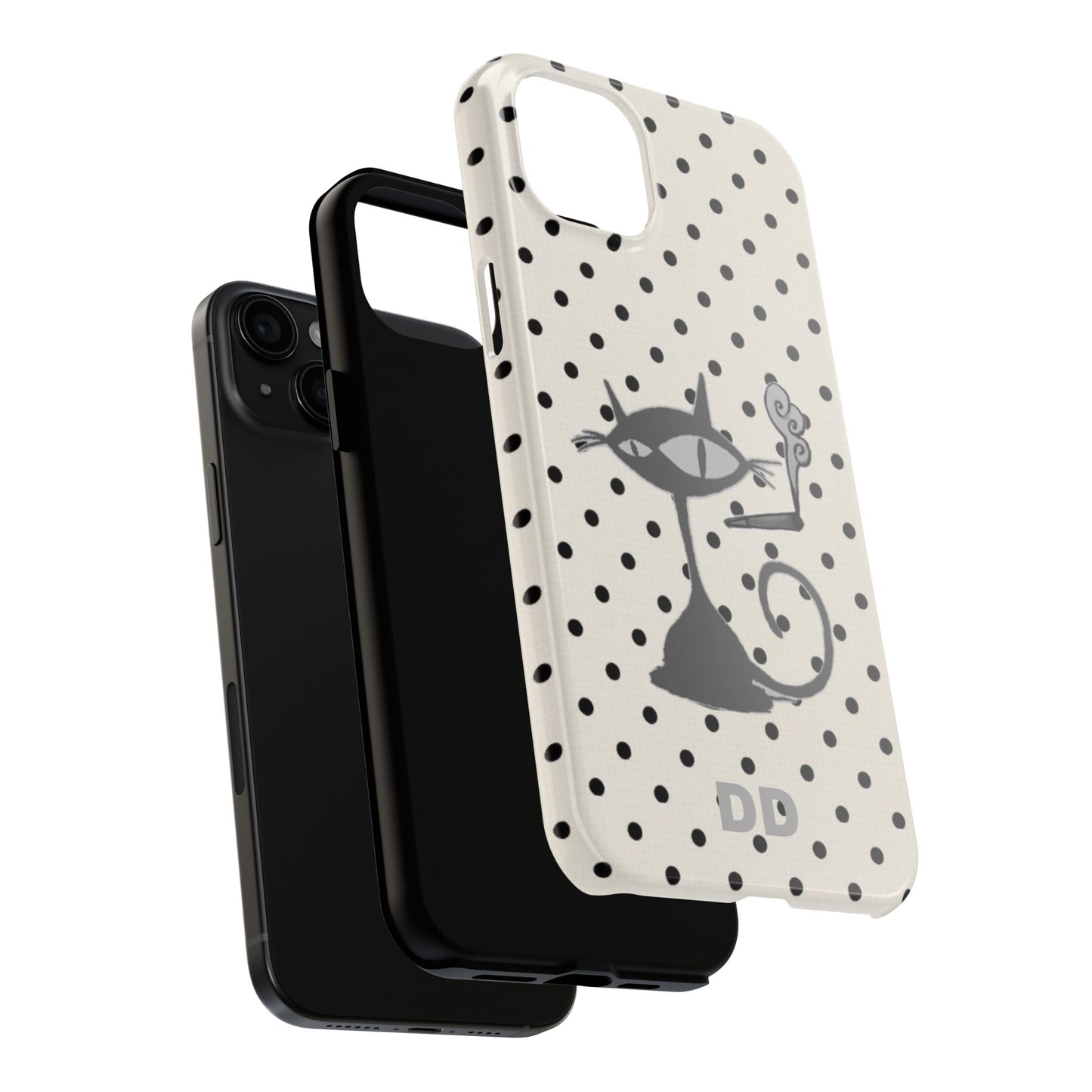 Le Cat Phone Case in Cream & Black Polka