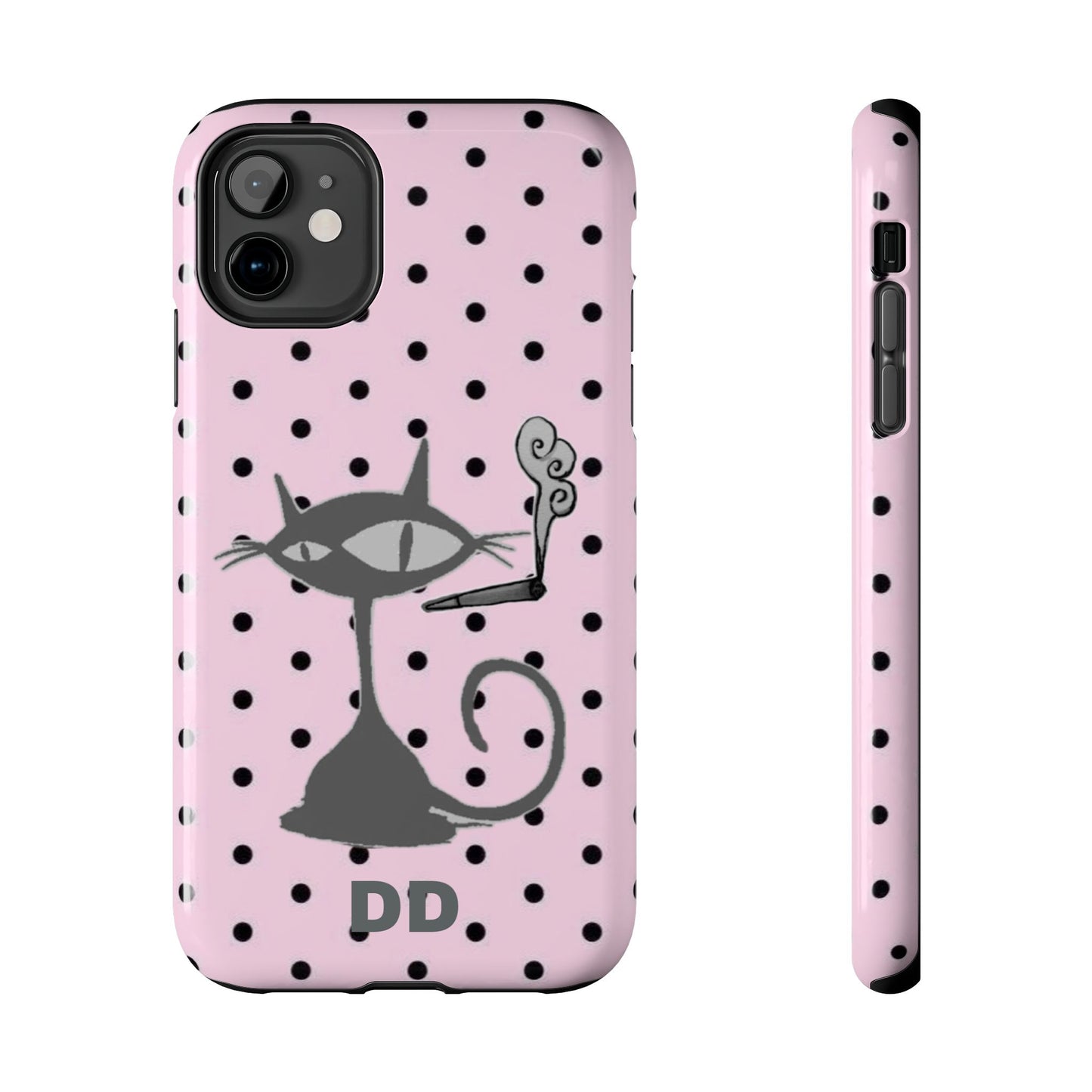 Le Cat Phone Case in Pink & Black Polka Dots