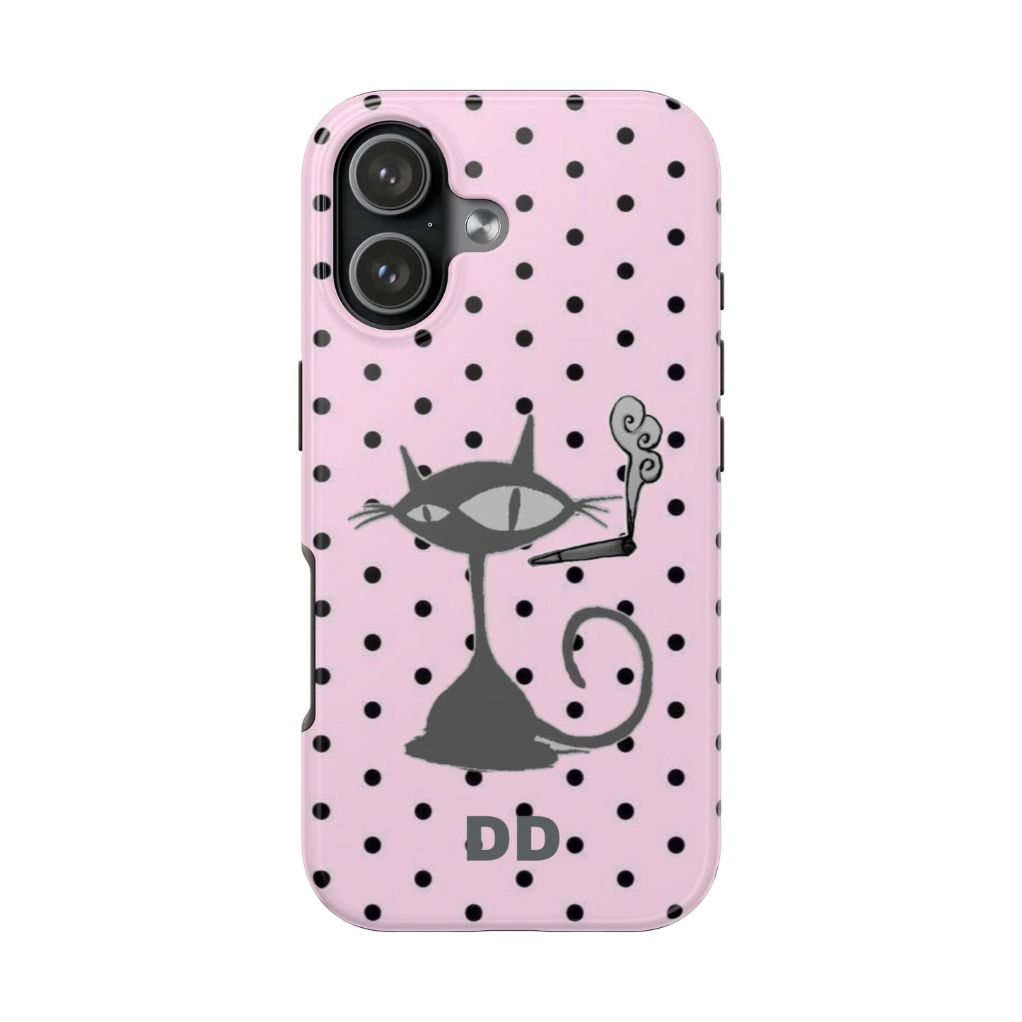 Le Cat Phone Case in Pink & Black Polka Dots