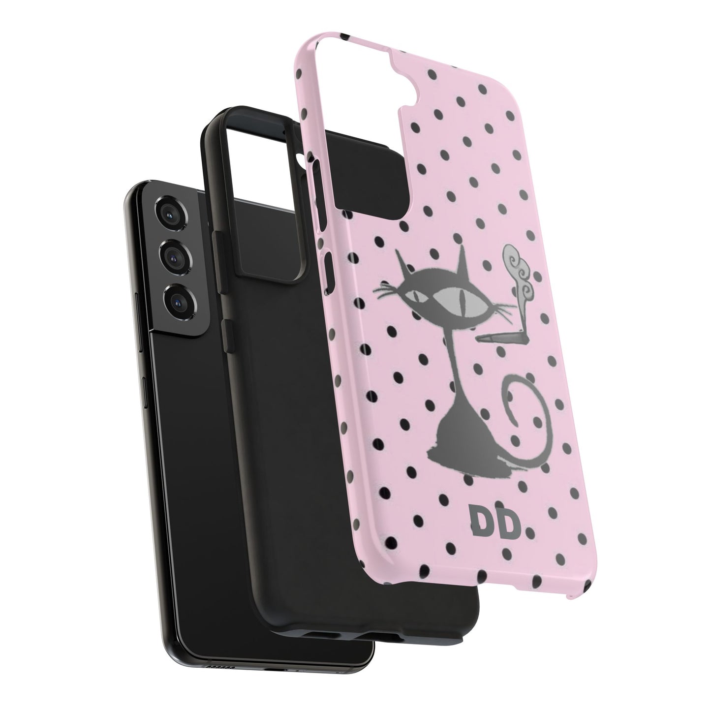 Le Cat Phone Case in Pink & Black Polka Dots