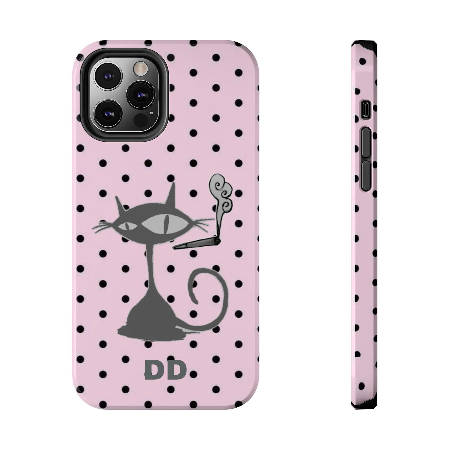Le Cat Phone Case in Pink & Black Polka Dots