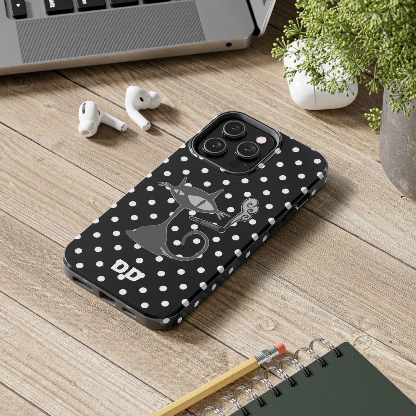 Le Cat Phone Case in Black & White Polka Dots